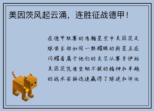 美因茨风起云涌，连胜征战德甲！