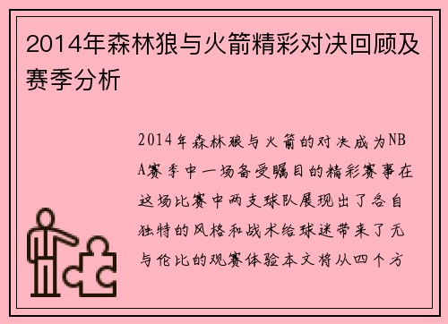 2014年森林狼与火箭精彩对决回顾及赛季分析