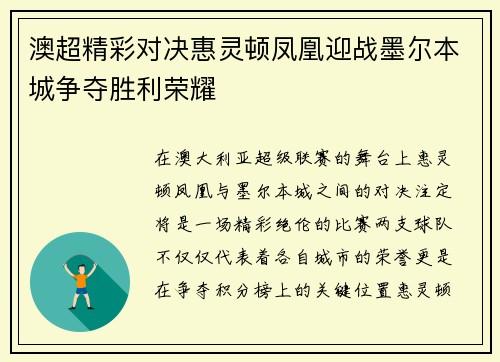 澳超精彩对决惠灵顿凤凰迎战墨尔本城争夺胜利荣耀