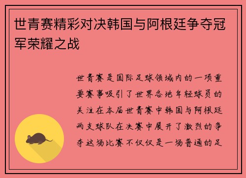世青赛精彩对决韩国与阿根廷争夺冠军荣耀之战