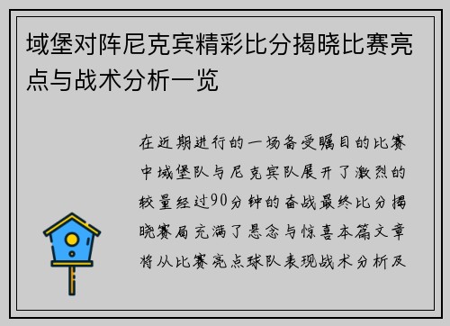 域堡对阵尼克宾精彩比分揭晓比赛亮点与战术分析一览