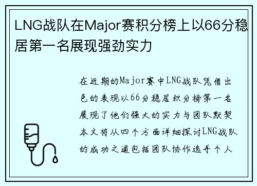 LNG战队在Major赛积分榜上以66分稳居第一名展现强劲实力