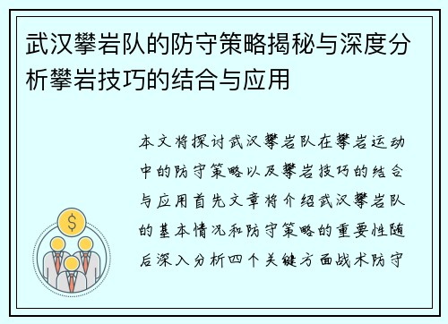 武汉攀岩队的防守策略揭秘与深度分析攀岩技巧的结合与应用