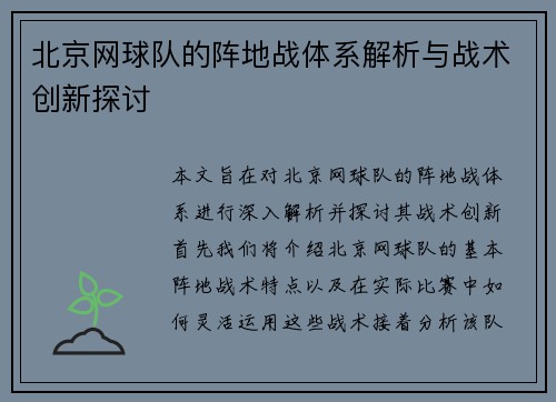 北京网球队的阵地战体系解析与战术创新探讨
