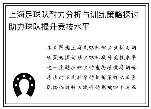 上海足球队耐力分析与训练策略探讨助力球队提升竞技水平