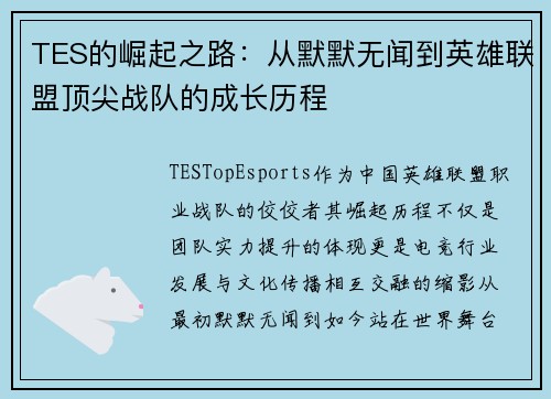 TES的崛起之路：从默默无闻到英雄联盟顶尖战队的成长历程